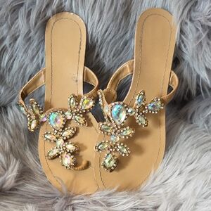 Madeline Stuart Gold Jeweled T-Strap Sandals